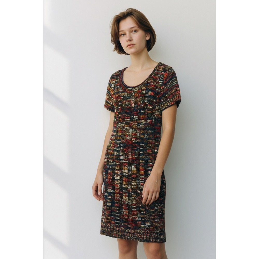 Boho‎ Hippie Multicolor Knit Short Sleeve Sheath Dress Women's Large Y2K